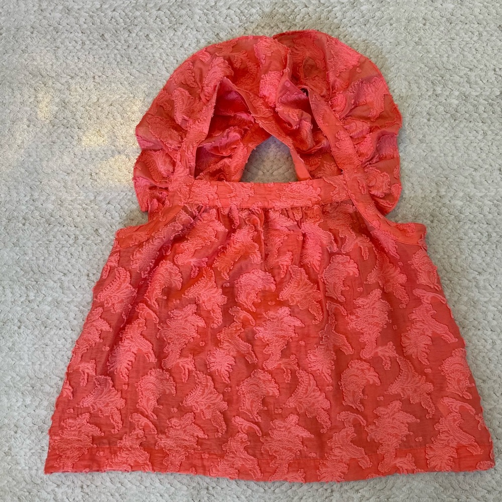 Anthropologie Pink/Rose Ruffled, Crisscross Back Tank Top